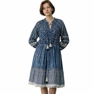 HEMANT AND NANDITA Tiered Tunic Midi Dress Indigo Blue Boho - Small